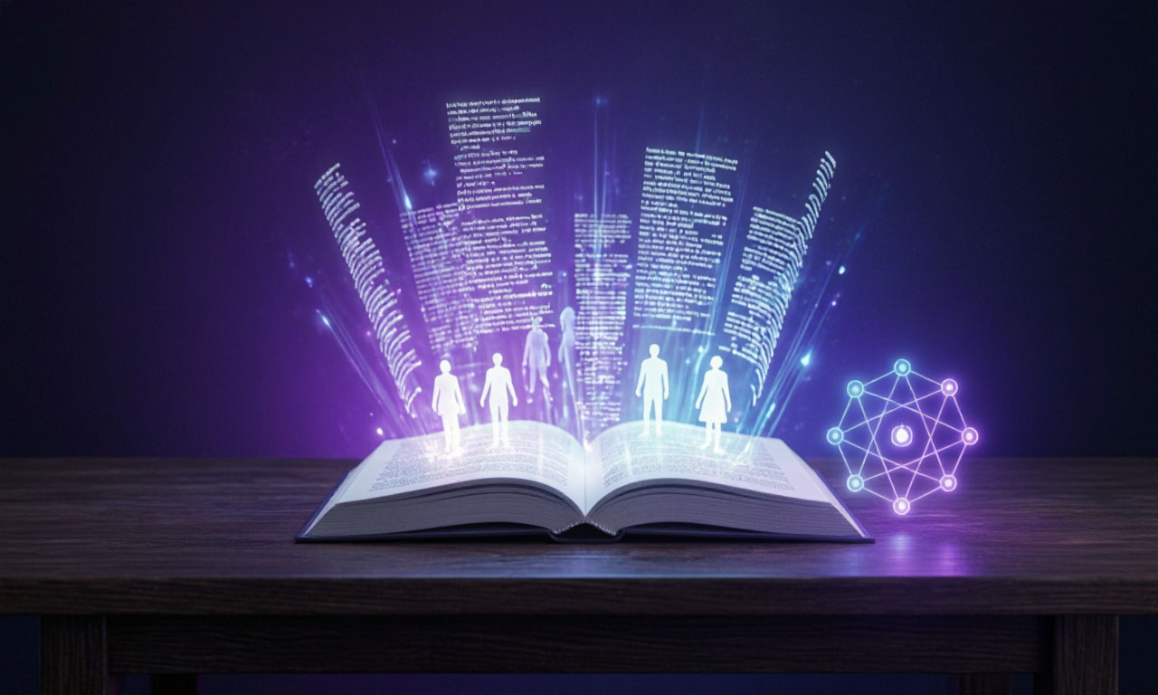 Нейросеть для написания книги — раскрытая книга со светящимися строками текста