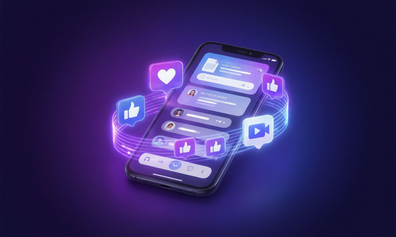 Нейросети для SMM — смартфон с соцсетями и светящимися иконками контента
